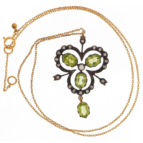 2098 - Art Nouveau style 9ct gold and silver pendant set with diamonds, peridots and seed pearls on a 9ct g... 