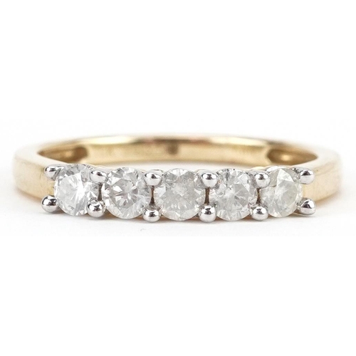 2215 - 9ct gold diamond five stone ring, total diamond weight approximately 0.50 carat, size N/O, 1.9g