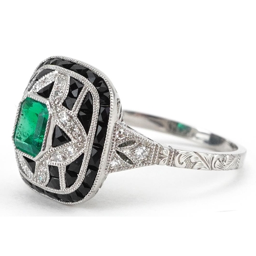 2254 - Art Deco platinum, diamond, emerald and black onyx openwork ring, total diamond weight approximately... 