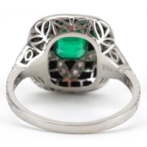 2254 - Art Deco platinum, diamond, emerald and black onyx openwork ring, total diamond weight approximately... 