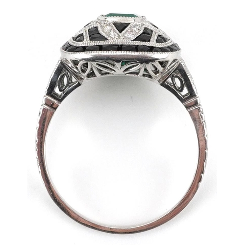 2254 - Art Deco platinum, diamond, emerald and black onyx openwork ring, total diamond weight approximately... 