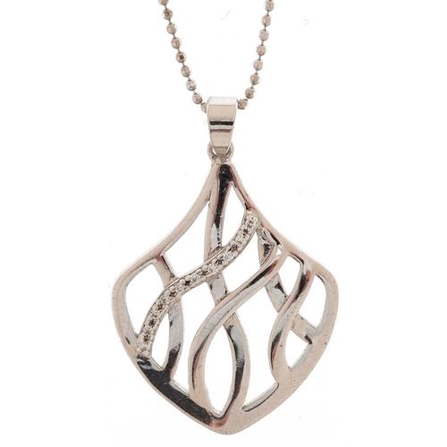 2276 - Modernist silver and cubic zirconia openwork pendant on a silver necklace, 3cm high and 46cm in leng... 