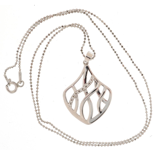 2276 - Modernist silver and cubic zirconia openwork pendant on a silver necklace, 3cm high and 46cm in leng... 