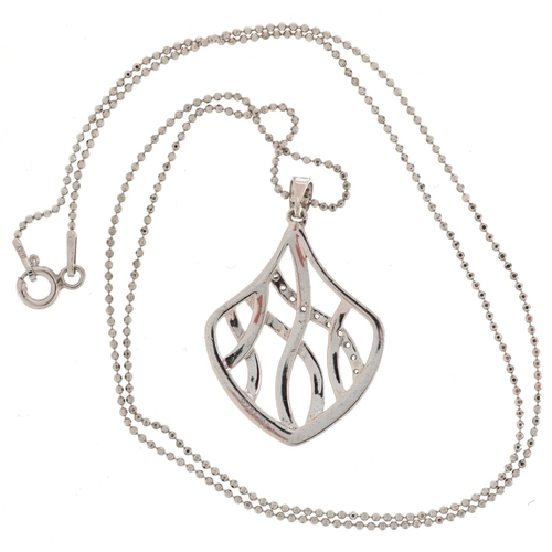 2276 - Modernist silver and cubic zirconia openwork pendant on a silver necklace, 3cm high and 46cm in leng... 