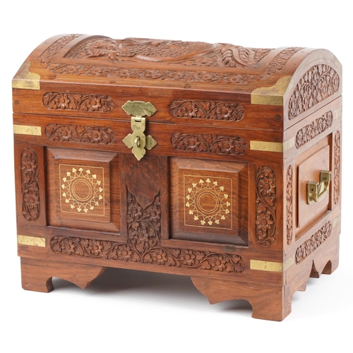 1288 - Indian Chinese style hardwood trunk in the form of a treasure chest with inset brass mounts and carr... 