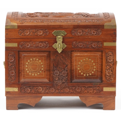 1288 - Indian Chinese style hardwood trunk in the form of a treasure chest with inset brass mounts and carr... 