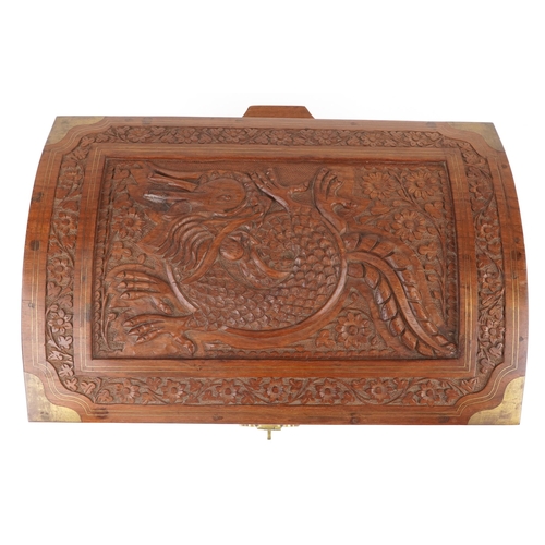 1288 - Indian Chinese style hardwood trunk in the form of a treasure chest with inset brass mounts and carr... 