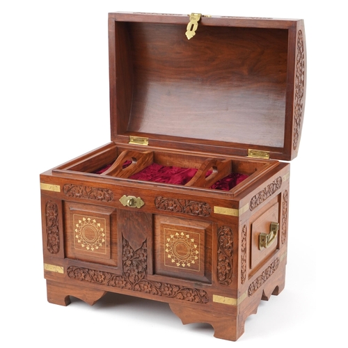 1288 - Indian Chinese style hardwood trunk in the form of a treasure chest with inset brass mounts and carr... 