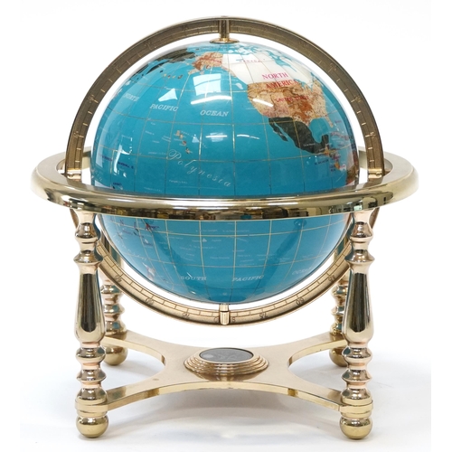 746 - Contemporary polished stone table globe with brass stand and compass under tier, 33cm high