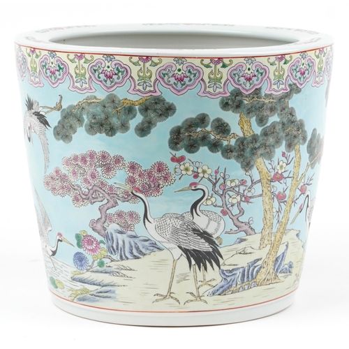 340 - Large Chinese turquoise ground porcelain jardiniere hand painted in the famille rose palette with cr... 