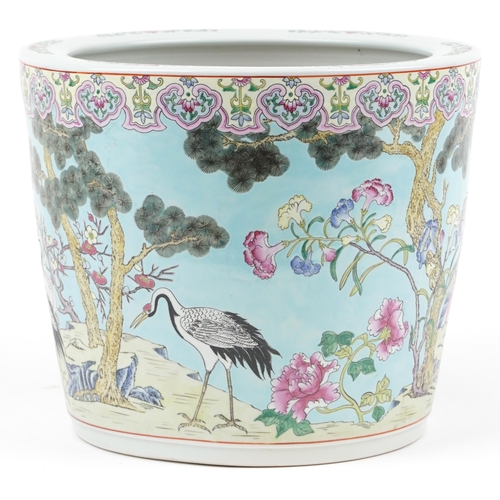 340 - Large Chinese turquoise ground porcelain jardiniere hand painted in the famille rose palette with cr... 