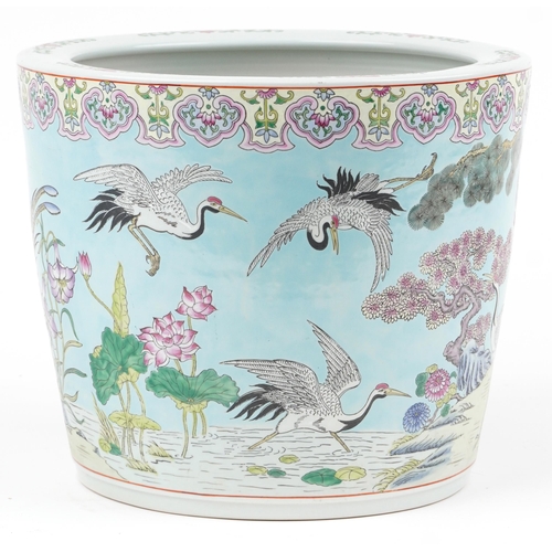 340 - Large Chinese turquoise ground porcelain jardiniere hand painted in the famille rose palette with cr... 