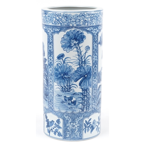 1383 - Large Chinese blue and white porcelain vase hand painted with panels of birds and ducks amongst flow... 