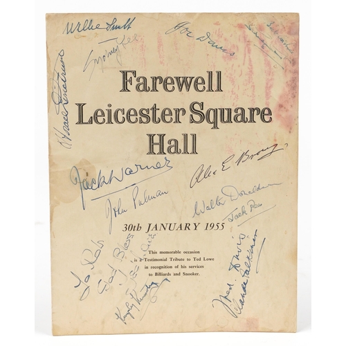 Sporting interest billiard and snooker programme with various ink signatures from 30th January 1955, Farewell Leicester Square Hall
