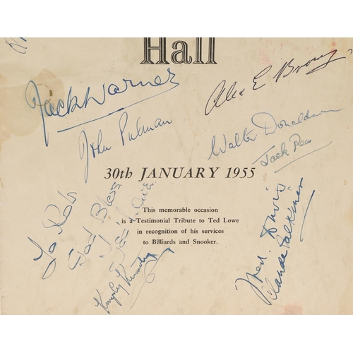 1724 - Sporting interest billiard and snooker programme with various ink signatures from 30th January 1955,... 