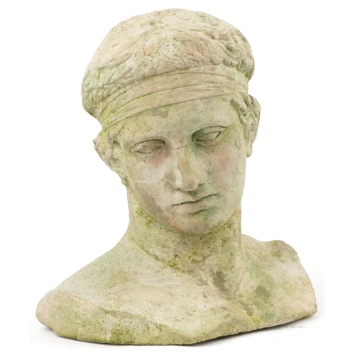 1382 - Classical garden stoneware bust of Diadoumenos, 38cm high