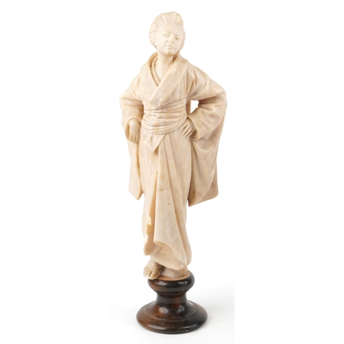 Large Art Nouveau marble carving of a Asian female wearing a robe raised on a later unassociated hardwood stand, 54.5cm high