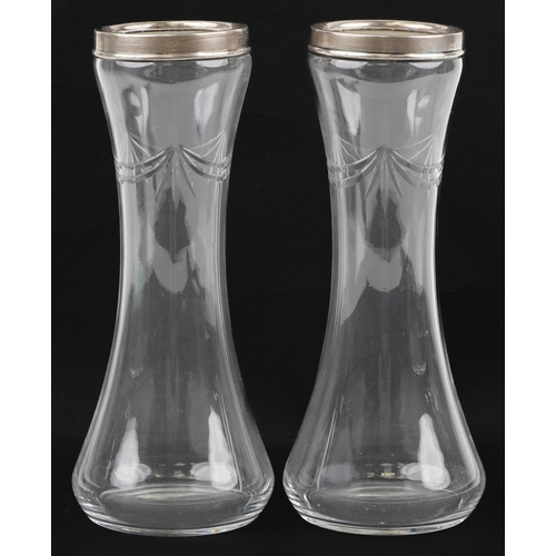 480 - Pair of George V etched glass vases with silver collars, B M & Co maker's mark, London 1927, 20.5cm ... 