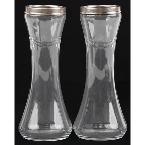 480 - Pair of George V etched glass vases with silver collars, B M & Co maker's mark, London 1927, 20.5cm ... 