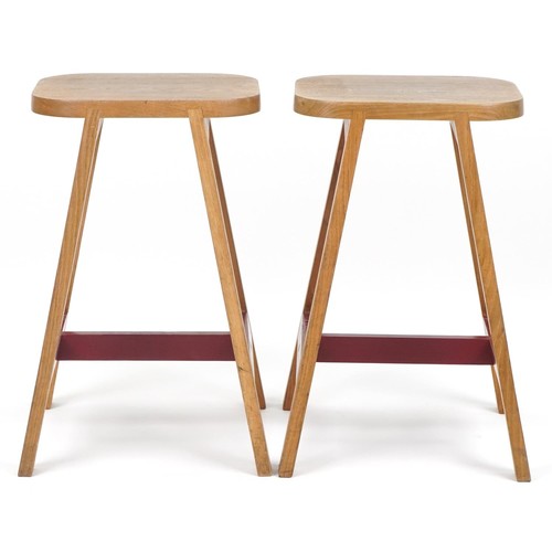 1066 - Pair of contemporary half painted light oak breakfast stools, AC stamp to the undersides, 65cm high