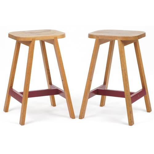 1067 - Pair of contemporary half painted light oak breakfast stools, AC stamp to the undersides, 65cm high