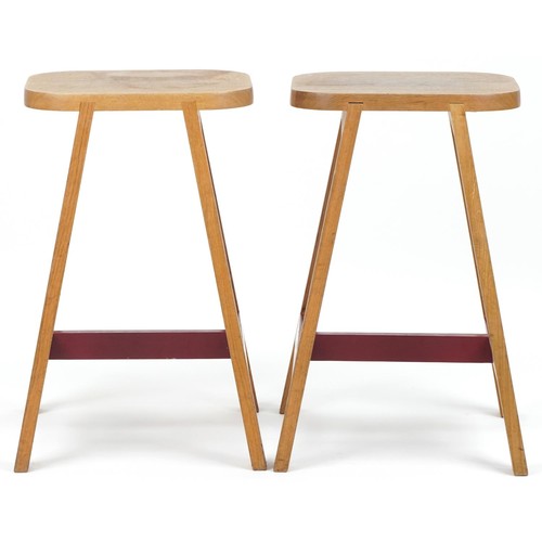 1067 - Pair of contemporary half painted light oak breakfast stools, AC stamp to the undersides, 65cm high