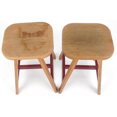 1067 - Pair of contemporary half painted light oak breakfast stools, AC stamp to the undersides, 65cm high