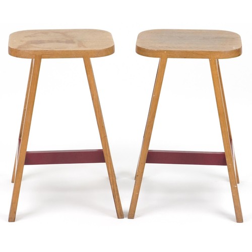 1067 - Pair of contemporary half painted light oak breakfast stools, AC stamp to the undersides, 65cm high