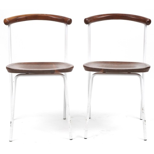 1071 - Manner of Calligaris, pair of contemporary metal framed hardwood bistro chairs, 75cm high