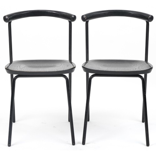 1093 - Manner of Calligaris, pair of contemporary metal framed hardwood bistro chairs, 75cm high