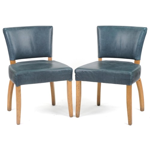 1096 - Wych Wood Design, pair of contemporary light oak chairs with blue leather upholstery, 87cm high