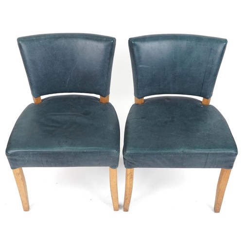 1096 - Wych Wood Design, pair of contemporary light oak chairs with blue leather upholstery, 87cm high