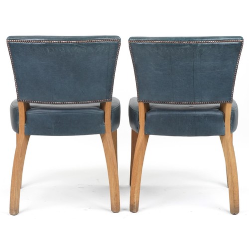 1096 - Wych Wood Design, pair of contemporary light oak chairs with blue leather upholstery, 87cm high