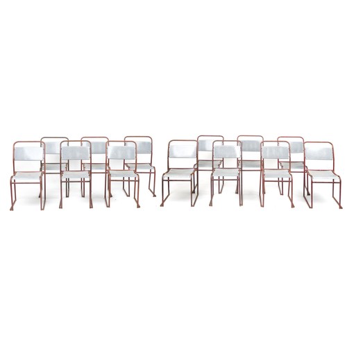 1103 - Thirteen industrial metal framed stacking chairs, each 85cm high