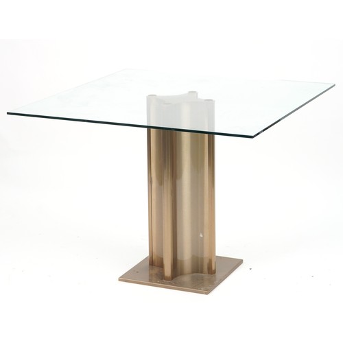 1068 - Contemporary square metal and glass dining table with column base, 74.5cm H x 100cm W x 100cm D