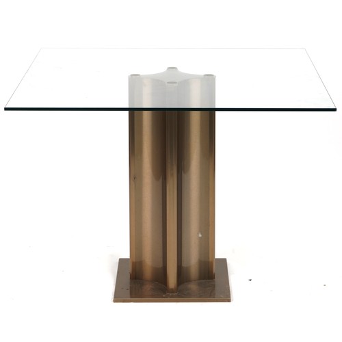 1068 - Contemporary square metal and glass dining table with column base, 74.5cm H x 100cm W x 100cm D