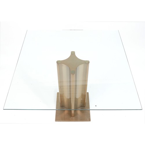 1068 - Contemporary square metal and glass dining table with column base, 74.5cm H x 100cm W x 100cm D