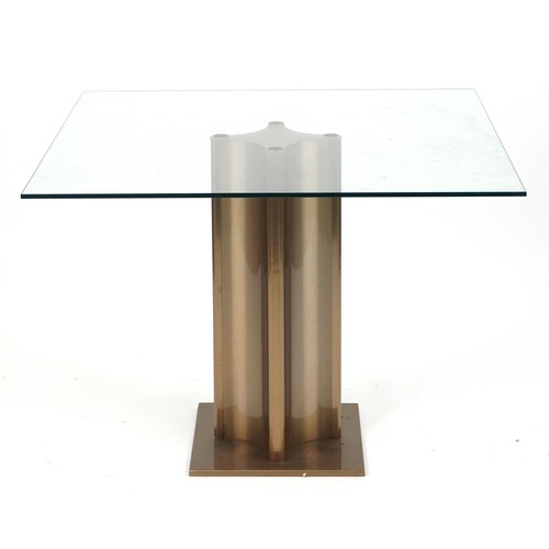 1068 - Contemporary square metal and glass dining table with column base, 74.5cm H x 100cm W x 100cm D