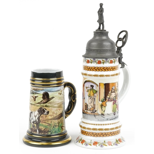 1331 - Two European porcelain steins including a Kaiser example with pewter mounts, the largest 34cm high