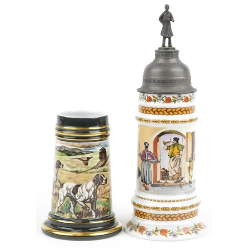 1331 - Two European porcelain steins including a Kaiser example with pewter mounts, the largest 34cm high