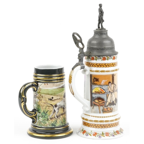 1331 - Two European porcelain steins including a Kaiser example with pewter mounts, the largest 34cm high