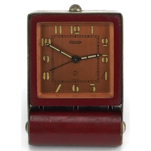 598 - Vintage Jaeger LeCoultre travel alarm clock with square dial having Arabic numerals, 8cm high