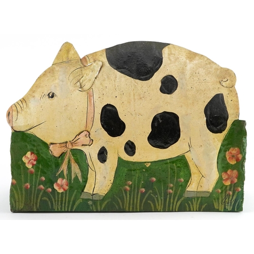 81 - Folk Ark style Toleware hand painted metal wall pocket in the form of a grazing pig, 24cm H x 32cm W... 