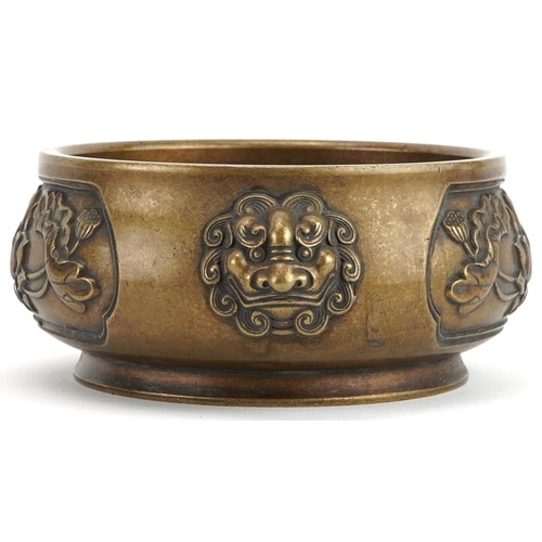 511 - Chinese patinated bronze censer with animalia handles cast in relief with panels of flowers, four fi... 