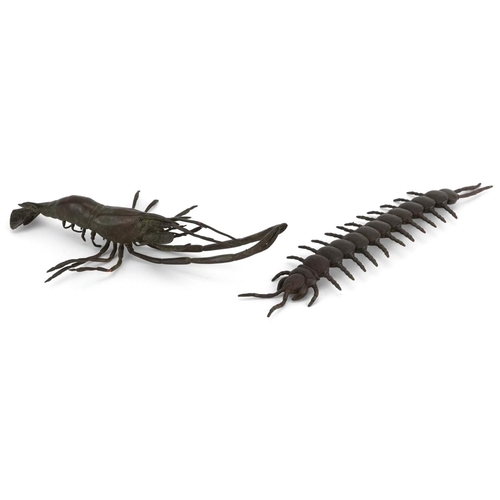 571 - Two Japanese patinated bronze okimonos including an articulated centipede, the largest 14cm in lengt... 