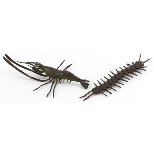 571 - Two Japanese patinated bronze okimonos including an articulated centipede, the largest 14cm in lengt... 