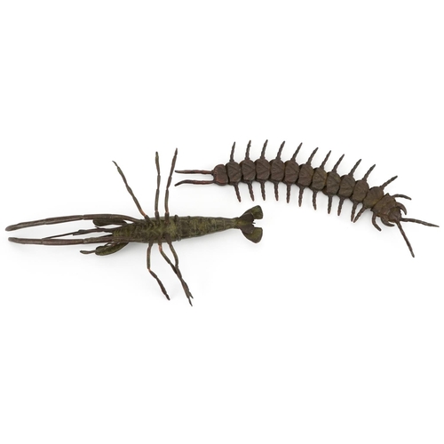 571 - Two Japanese patinated bronze okimonos including an articulated centipede, the largest 14cm in lengt... 