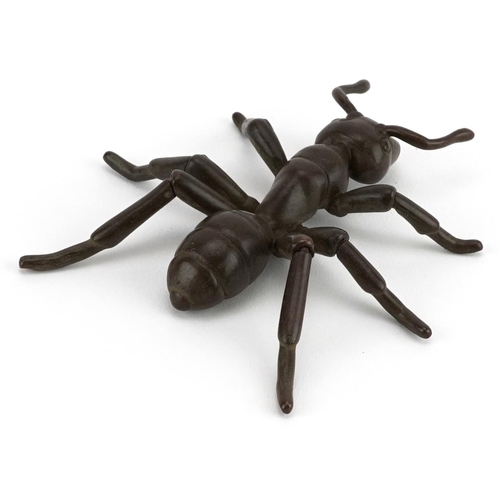 572 - Large Japanese patinated bronze okimono in the form of an ant with articulated legs, impressed chara... 