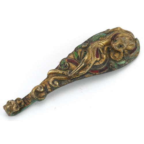 1485 - Chinese partially gilt bronze ruyi sceptre with hardstone inlay, 20cm in length