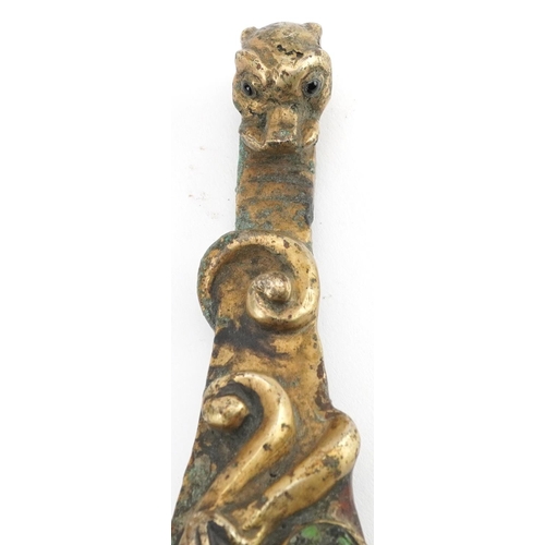 1485 - Chinese partially gilt bronze ruyi sceptre with hardstone inlay, 20cm in length